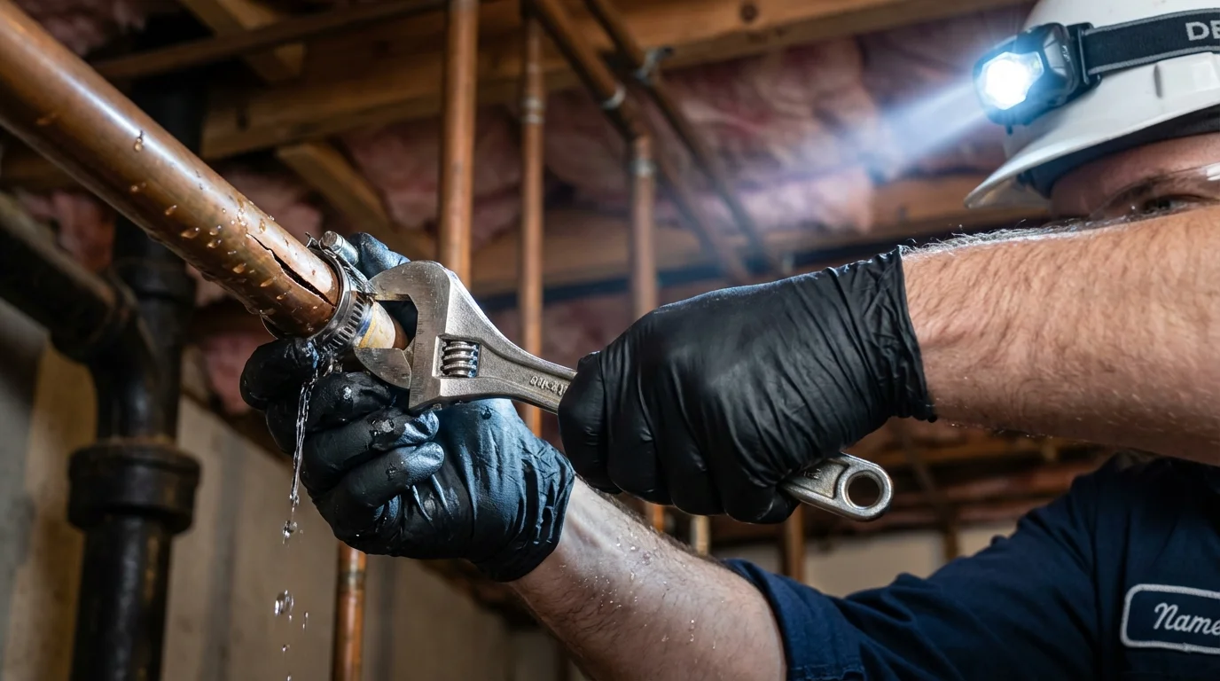 Emergency pipe clamp repair being performed by a Johns Plumbing LLC plumber in Big Sky