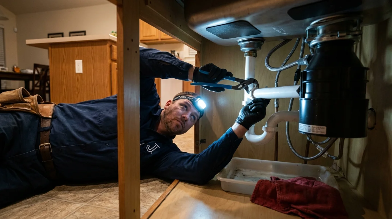P-trap and supply line connections under a kitchen sink showing a common leak point in Big Sky, MT